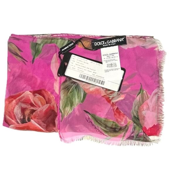 Dolce & Gabbana Floral Rose printed luxury lightweight silk scarf Pink - Picture 10 of 10
